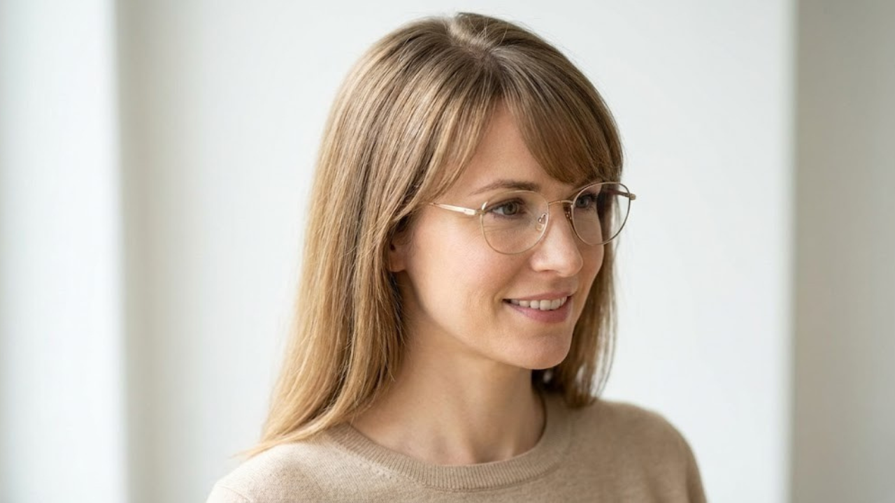 Side-swept bangs on thin hair overlapping front thinning on one side, creating natural coverage and a clean frame that works with glasses.