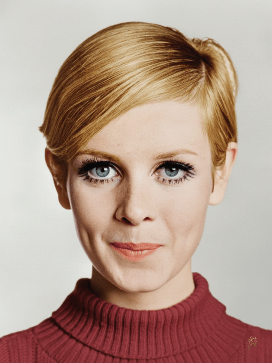 Twiggy with a sleek crop hairstyle featuring a deep side part, smooth texture, and clean lines for a polished finish.
