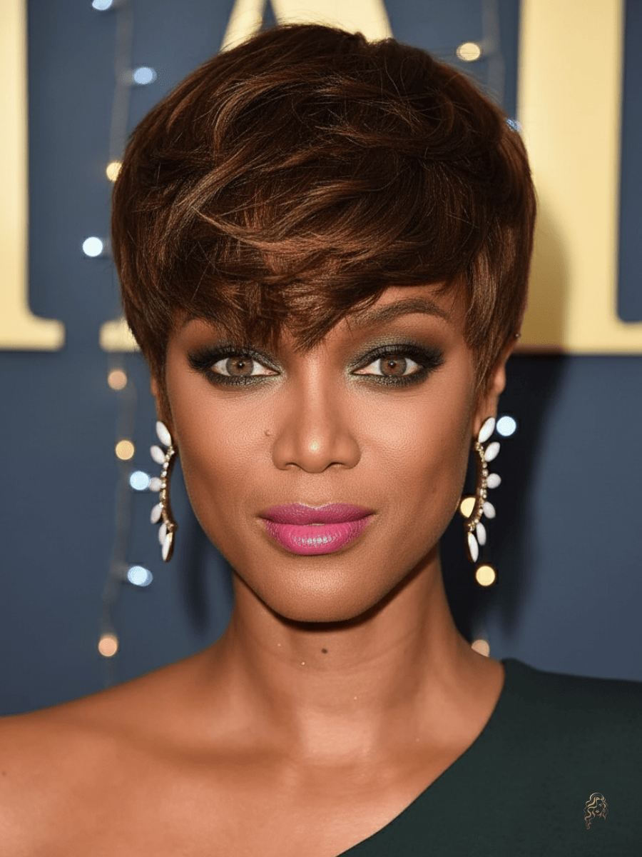 Tyra Banks with an edgy crop featuring glossy layers, side-swept fringe, and warm brown tones for a bold, polished look.