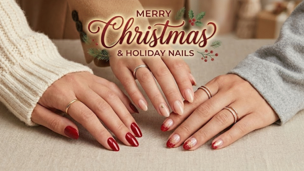 Three different hands showing Christmas nail designs, including classic red, soft nude, and subtle glitter holiday nails styled together for a festive look