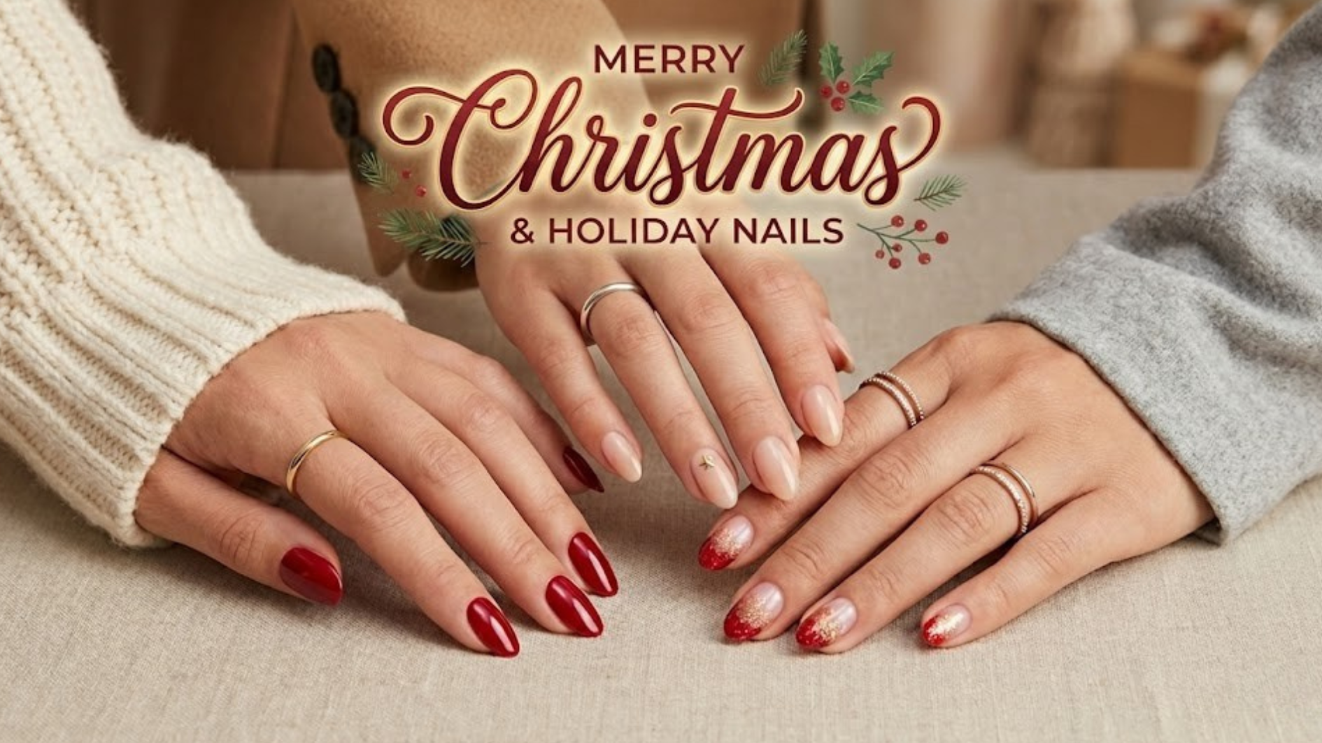 Three different hands showing Christmas nail designs, including classic red, soft nude, and subtle glitter holiday nails styled together for a festive look