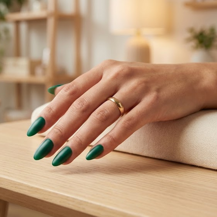 Emerald green Christmas nail with a soft satin finish, styled in a natural salon setting for a subtle holiday manicure