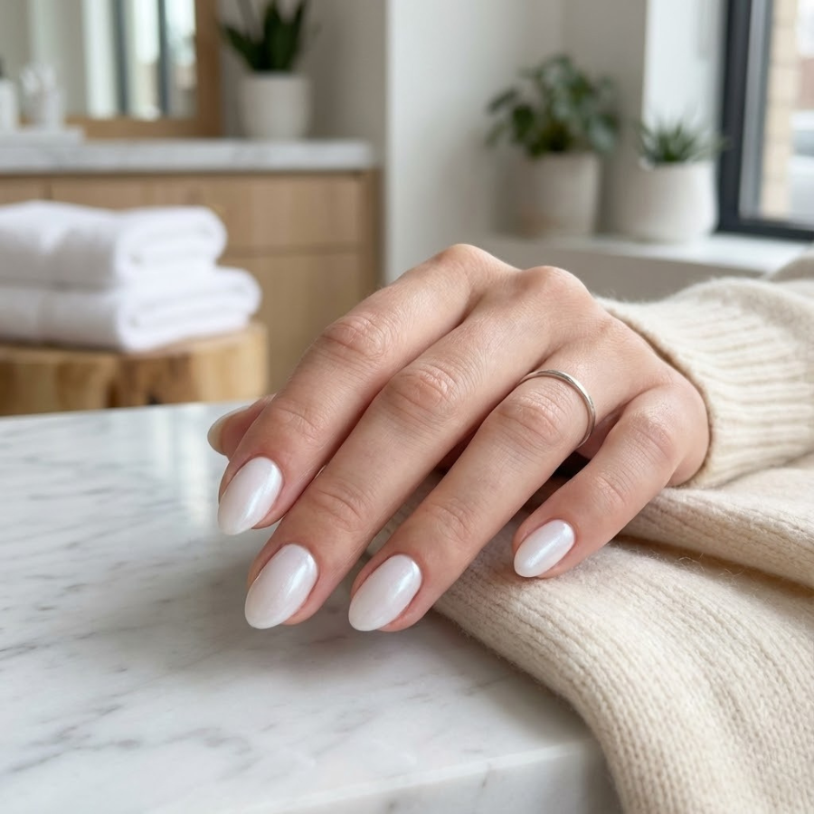 Icy white Christmas nail with a soft milky finish, photographed in a natural salon-style setting