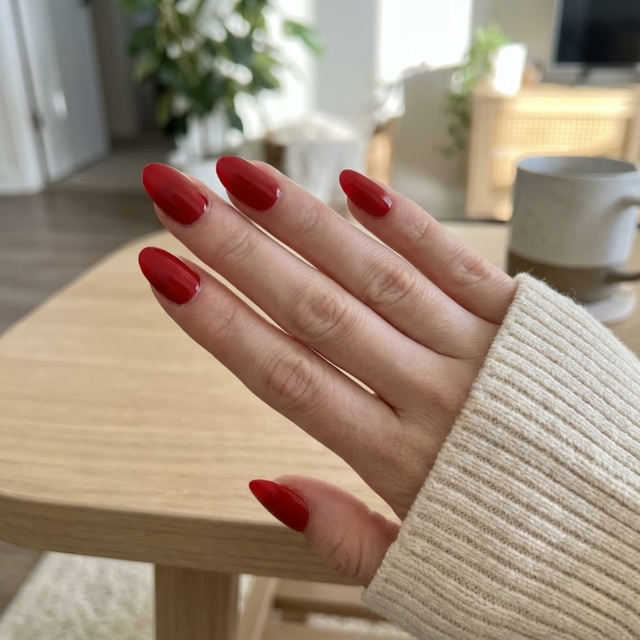 Press-on Christmas nail with a smooth finish in a festive holiday color, styled for an easy at-home manicure