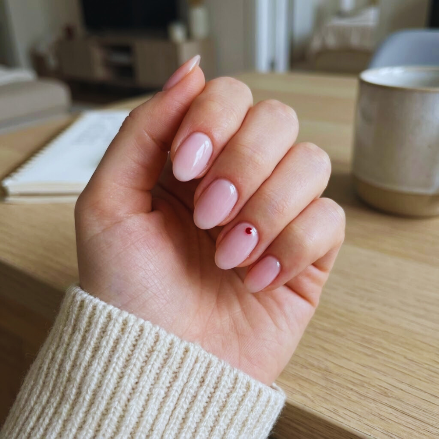 Short Christmas nail with a soft nude base and subtle festive accent for a clean holiday look