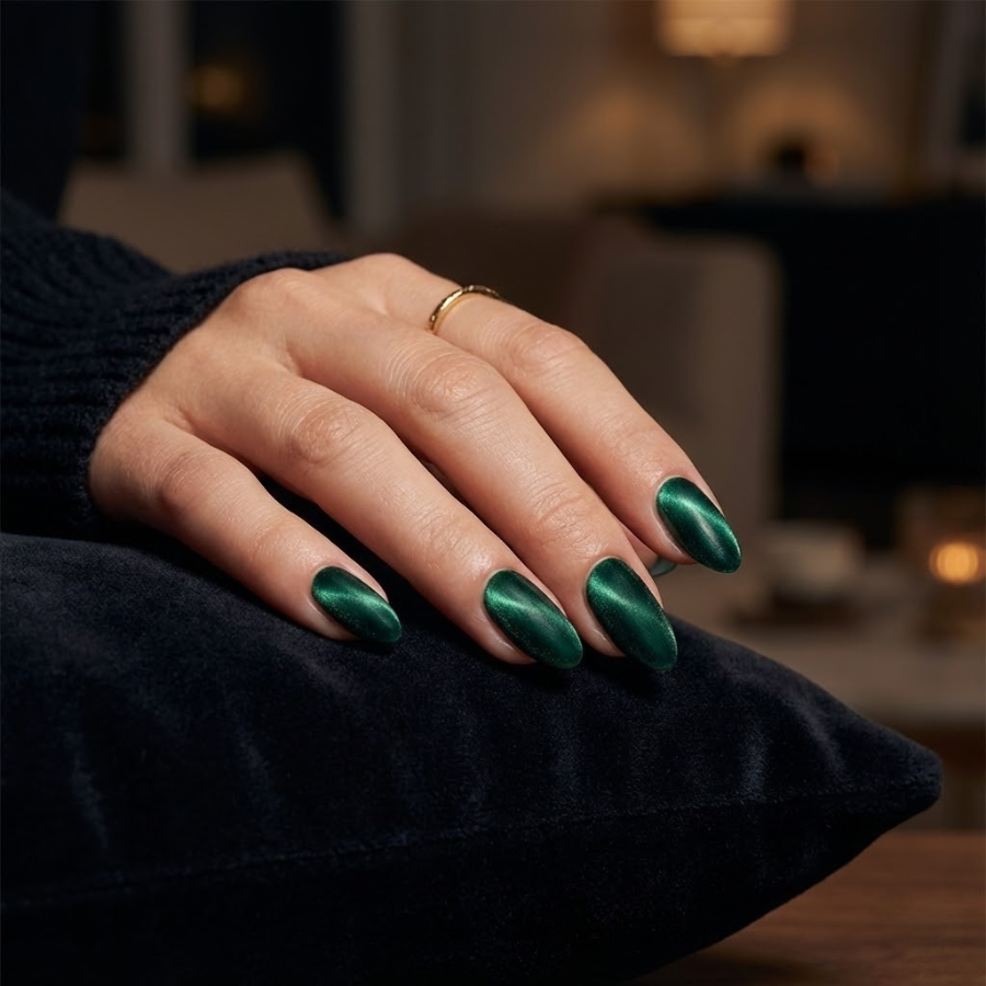 Velvet cat-eye Christmas nail with a soft magnetic glow in a deep festive shade