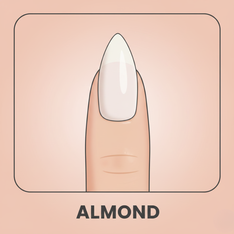 Illustrated almond nail shape with tapered sides and softly pointed tip on a single finger
