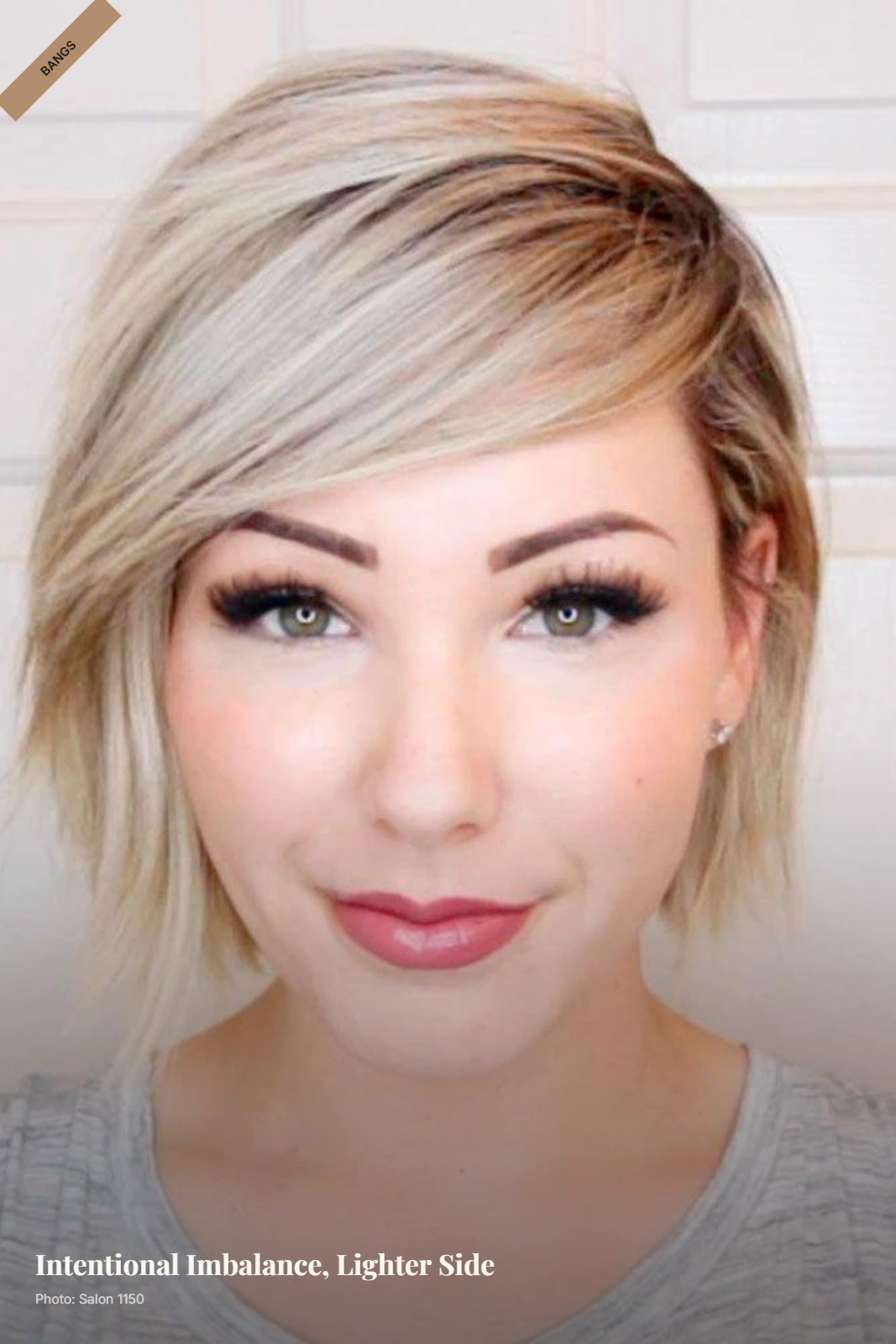 Asymmetrical bangs on thin hair with one side denser and the other side lighter