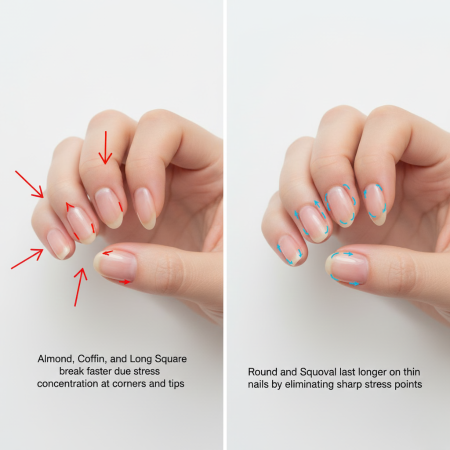 Comparison of nail shapes on thin weak nails showing almond, coffin, and long square breaking faster due to stress at corners and tips, while round and squoval last longer by eliminating sharp stress points
