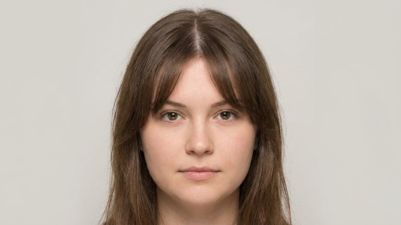 Bottleneck bangs with an open center and tapered sides, showing how the part lengthens the face and diffuses scalp visibility without uniform density.