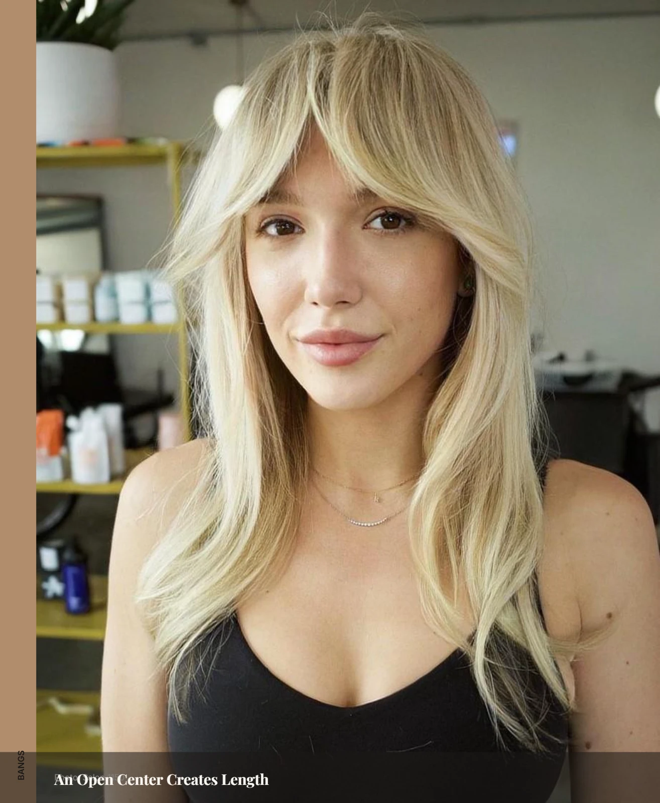 Bottleneck bangs on thin hair with an open center and tapered sides framing the face