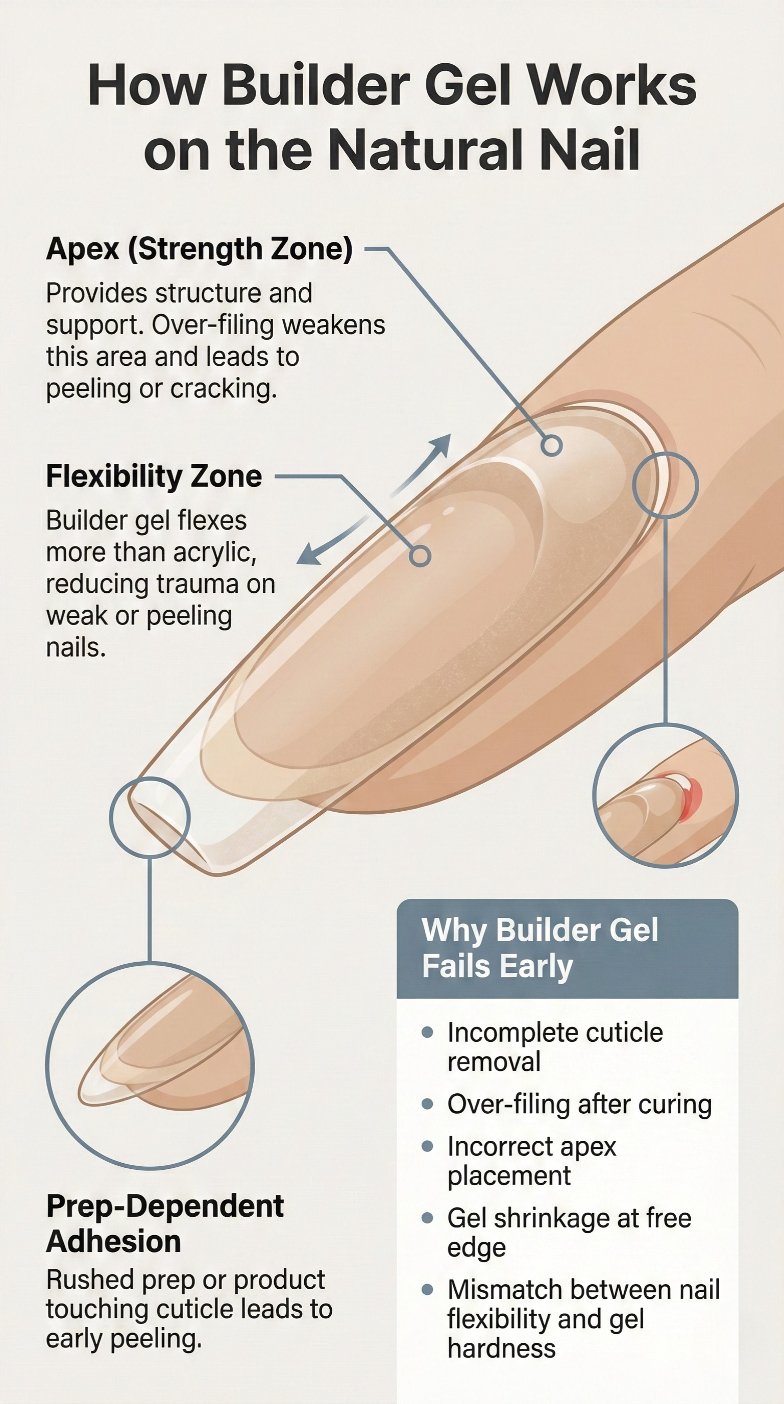 Diagram explaining builder gel structure, ideal apex placement, flexibility zones, and common failure points like peeling and free-edge lifting
