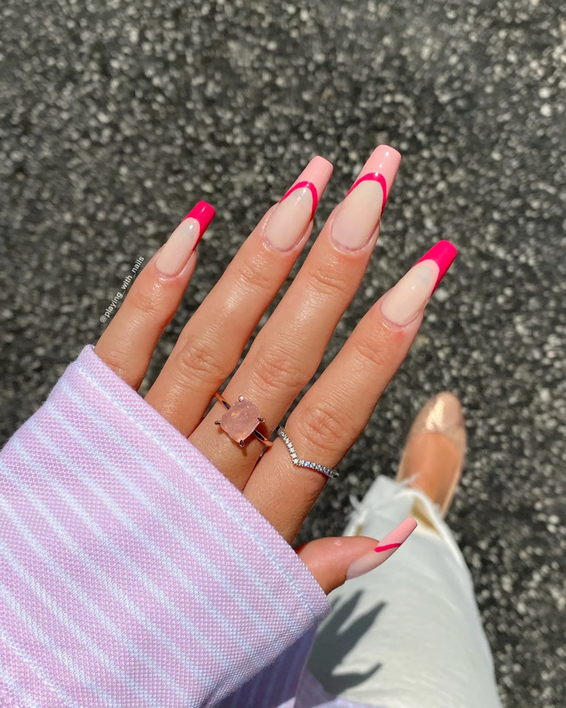 Coffin and ballerina nails with tapered sides and flat tips featuring pink French tip manicure

