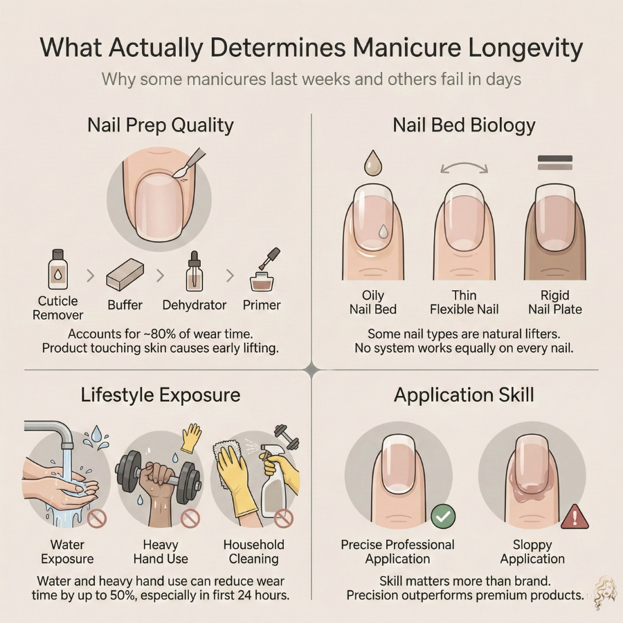 Diagram showing the four main factors that determine how long a manicure lasts: nail prep quality, nail bed biology, lifestyle exposure, and application skill
