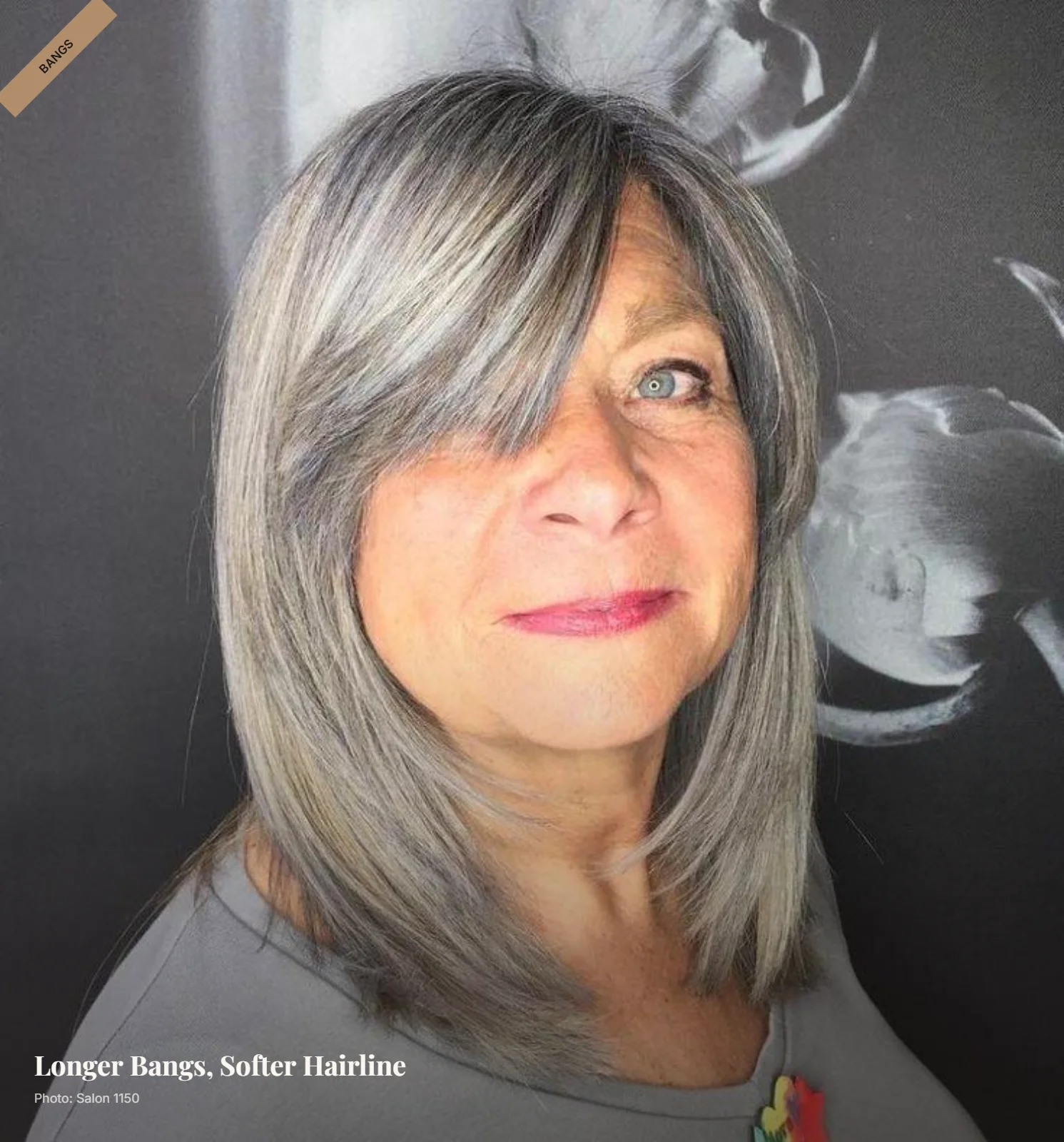 Long broken-edge bangs on thin hair softly framing a mature hairline and sparse temples