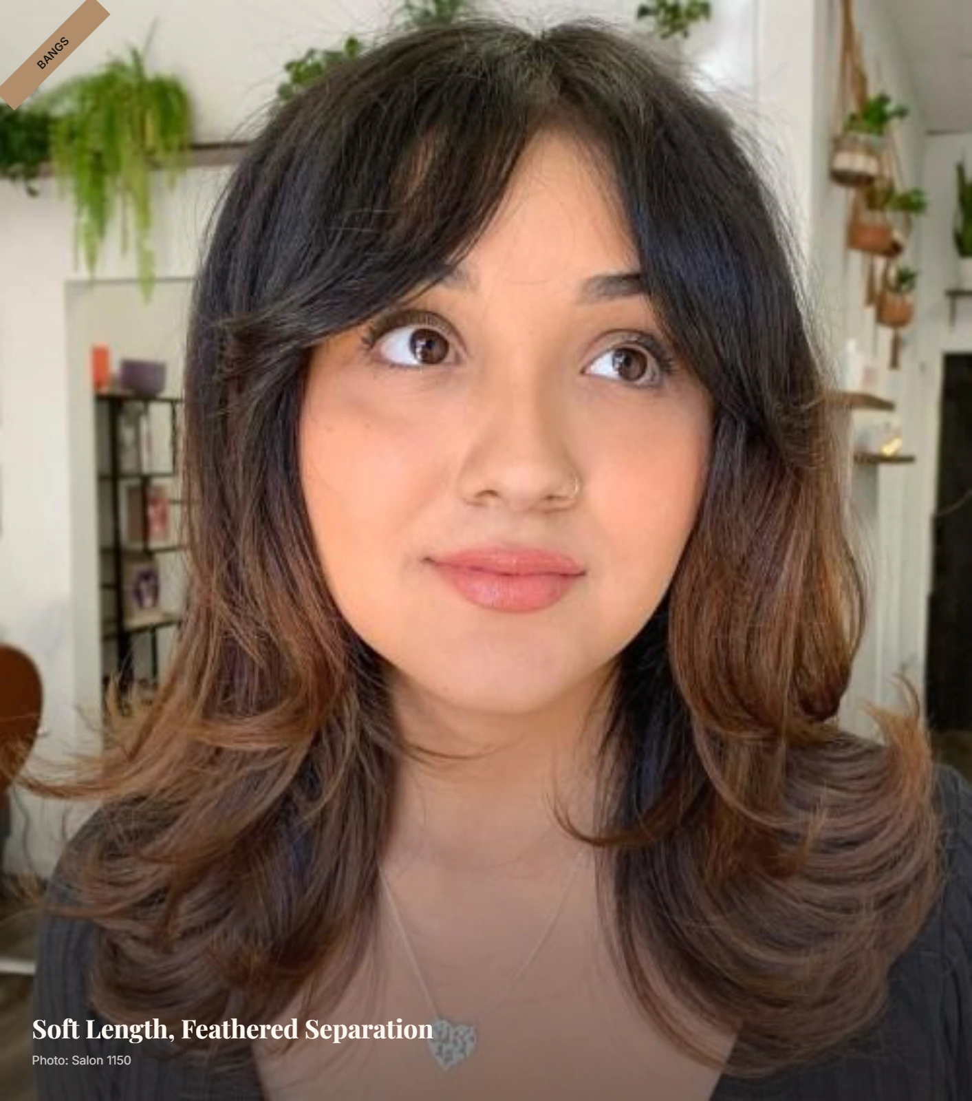 Long feathered fringe on thin hair with soft separation framing a round face