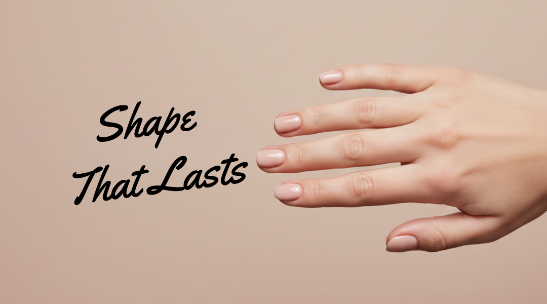 Hand with short nude manicure showing a durable nail shape for long-lasting wear
