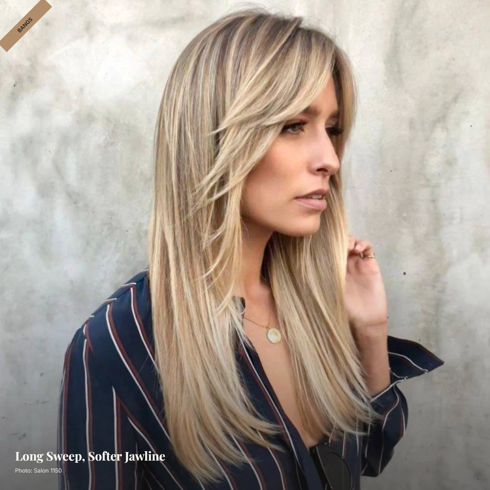 Long side-swept fringe on thin hair flowing diagonally across a square face