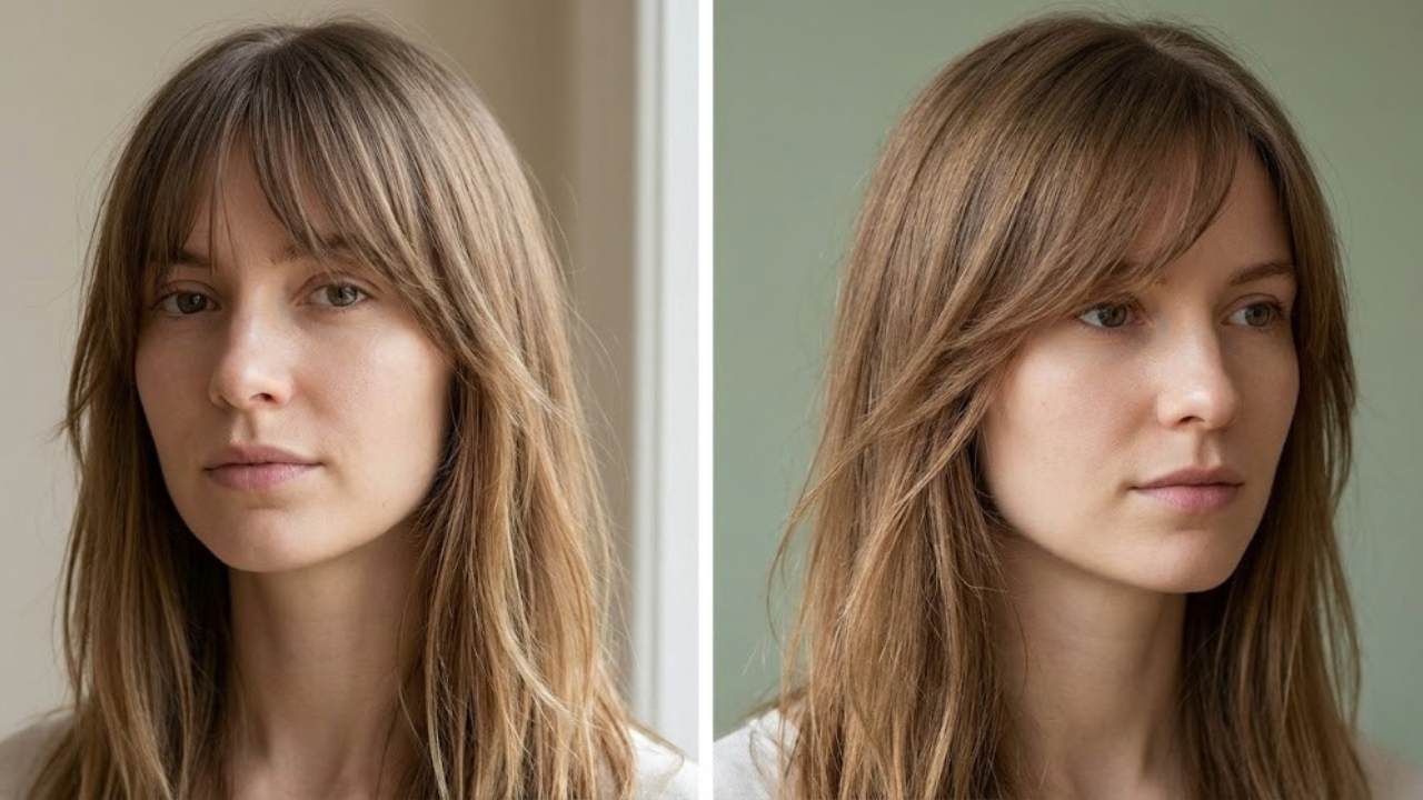 Long tapered fringe on thin hair shown on two different people, demonstrating how tapering adds structure and airflow without requiring thickness.