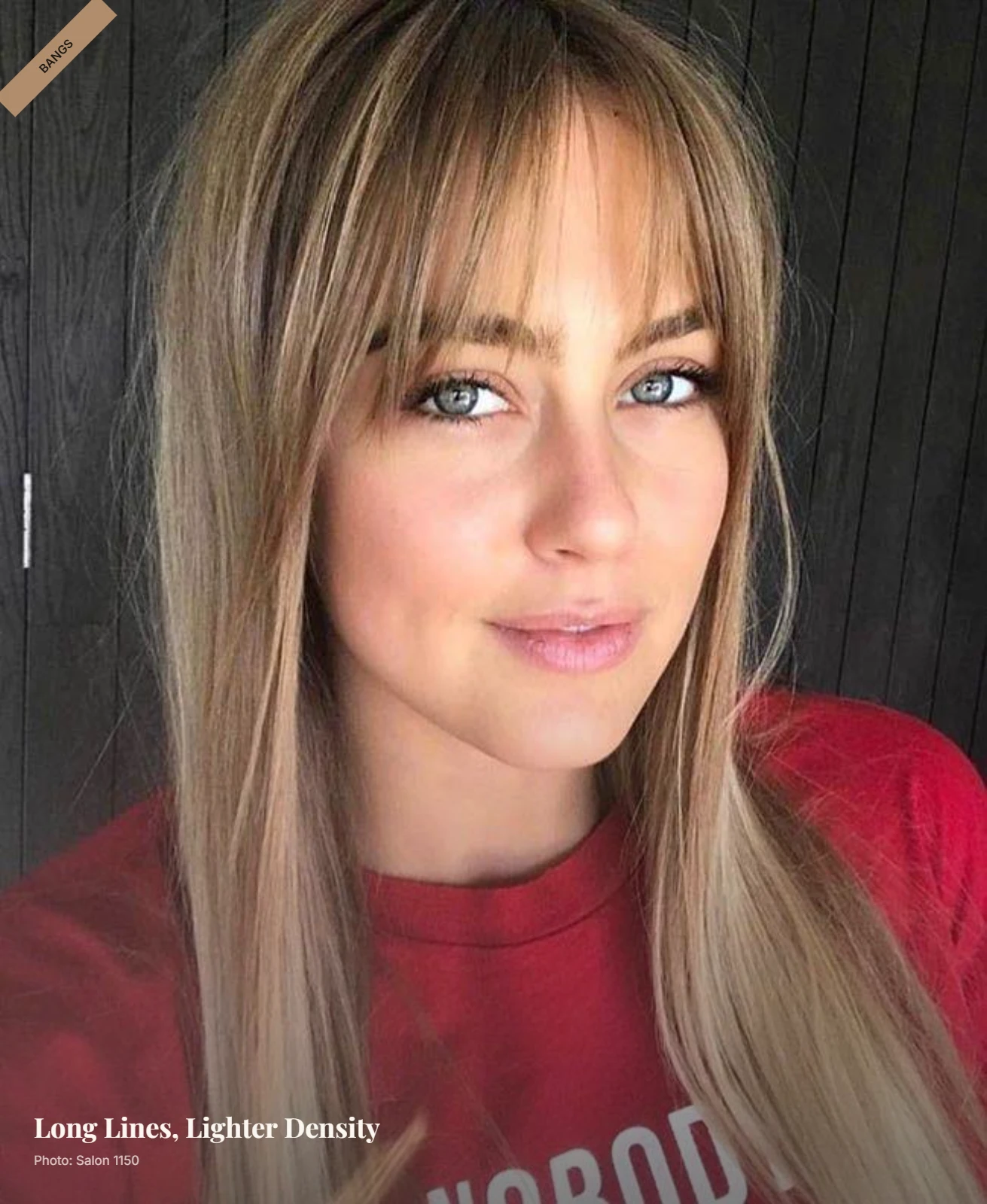 Long tapered fringe on thin hair with separated ends framing an oval face