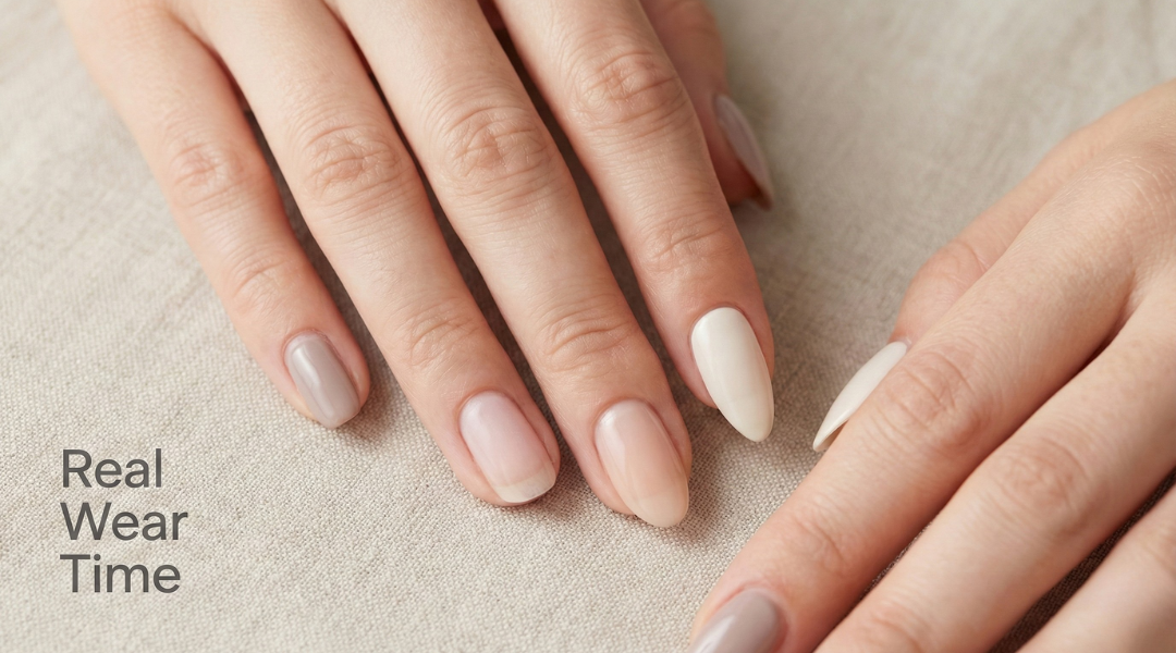 Hands with different manicure types showing real-world wear and regrowth in a clean, modern editorial style