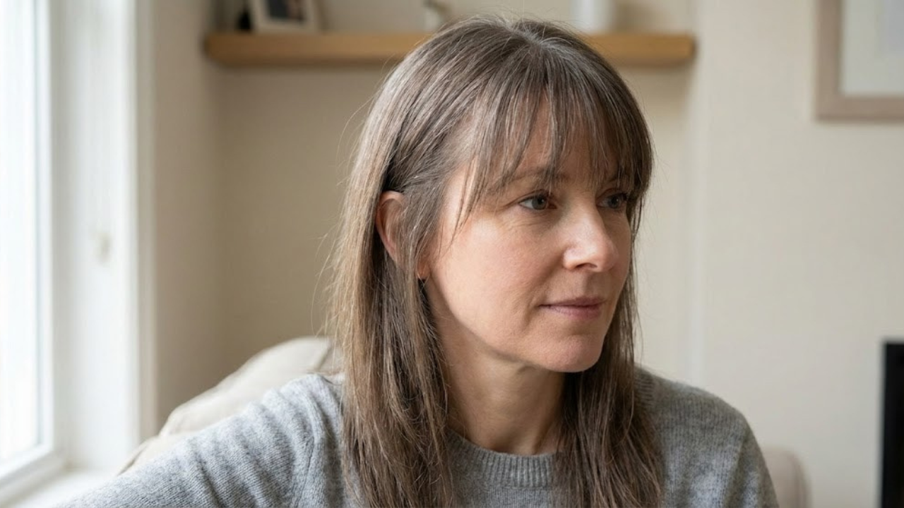 Woman with thin hair and a receding hairline wearing longer, broken-edge bangs that soften contrast at the temples and reduce exposure.