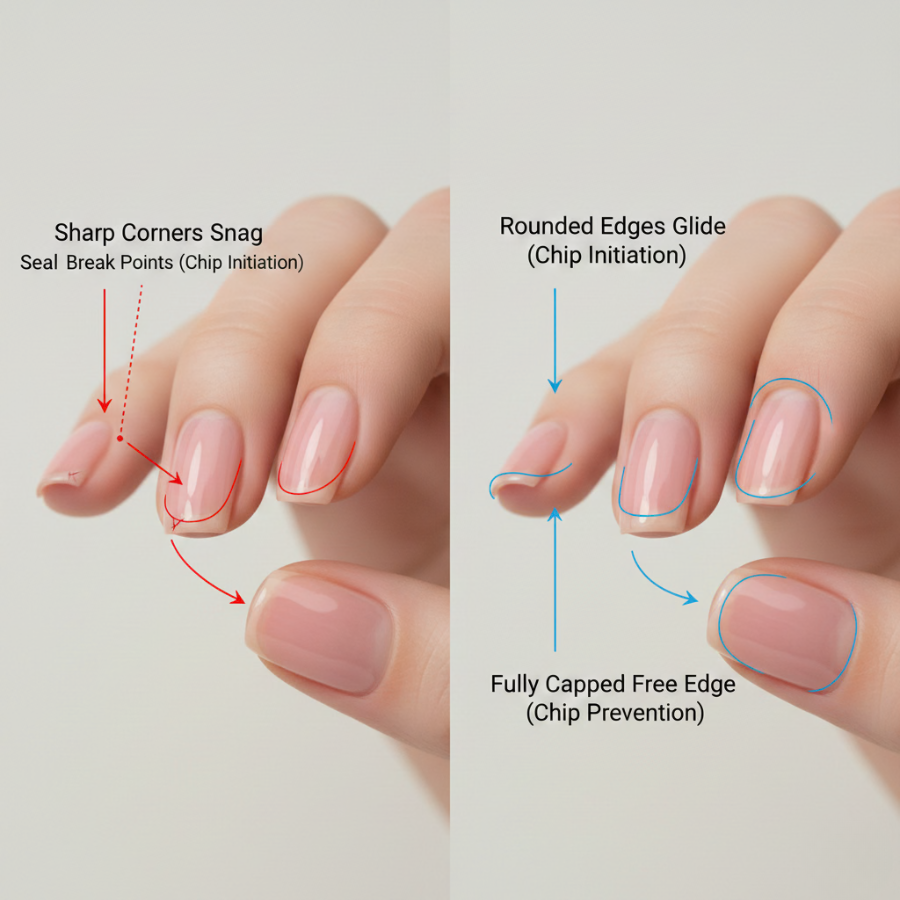 Comparison showing sharp nail corners with exposed free edges that catch and chip versus rounded nail edges with fully capped free edge that prevents chipping
