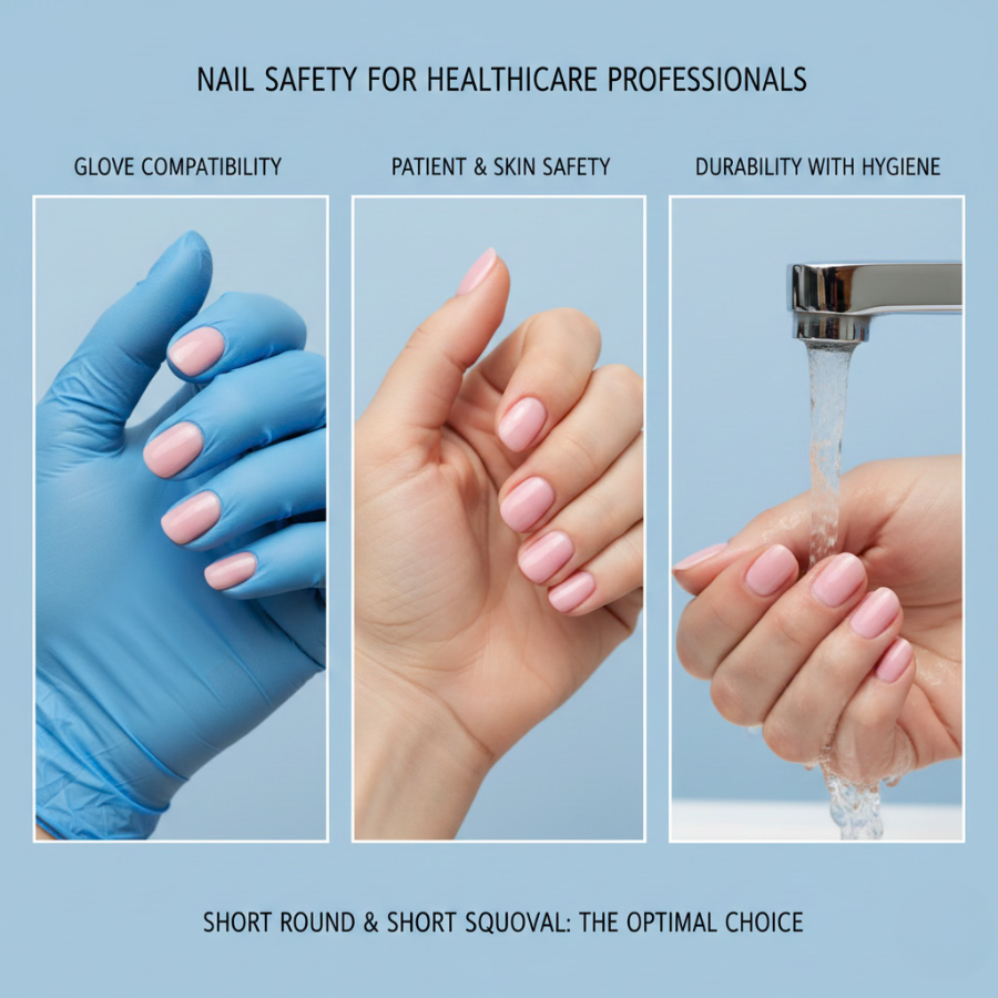Short round and short squoval nail shapes shown for nurses, highlighting glove compatibility, patient skin safety, and durability during frequent handwashing
