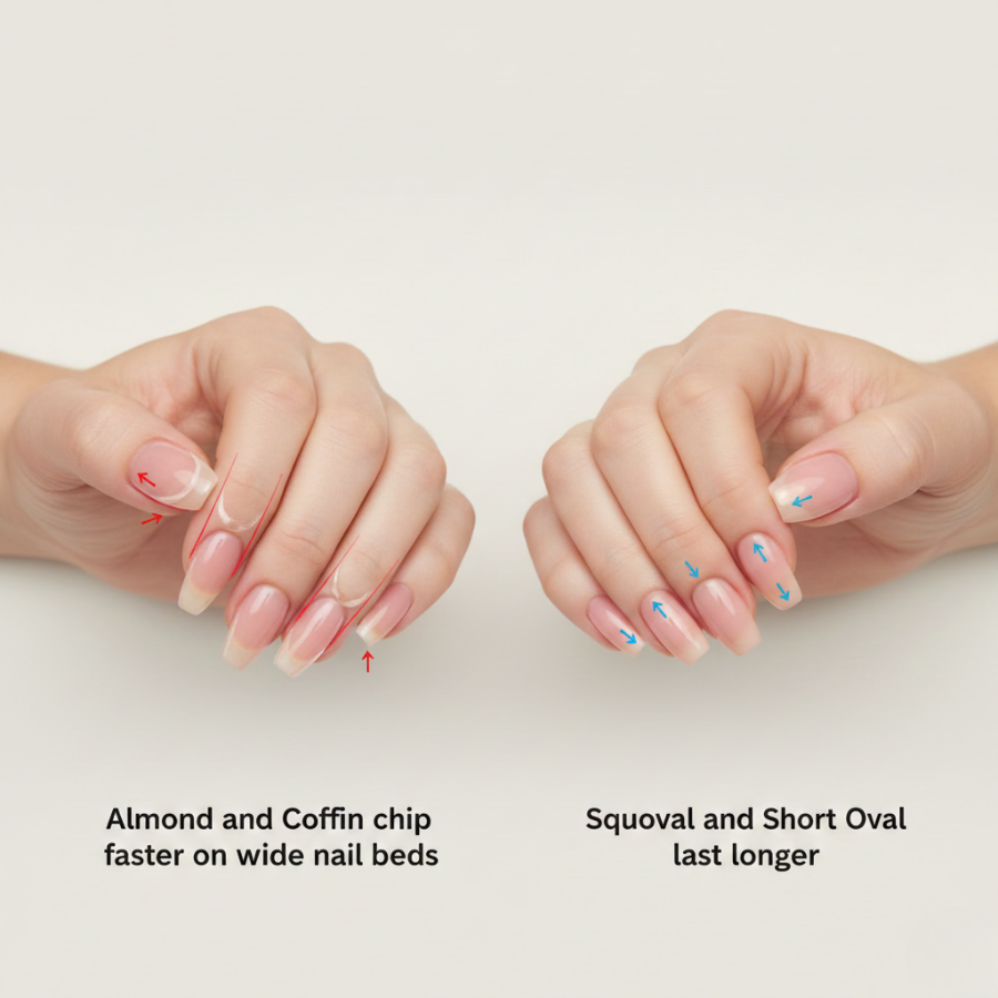 Comparison of nail shapes on wide nail beds showing almond and coffin nails chipping faster due to tapered sidewalls, while squoval and short oval maintain strength and last longer
