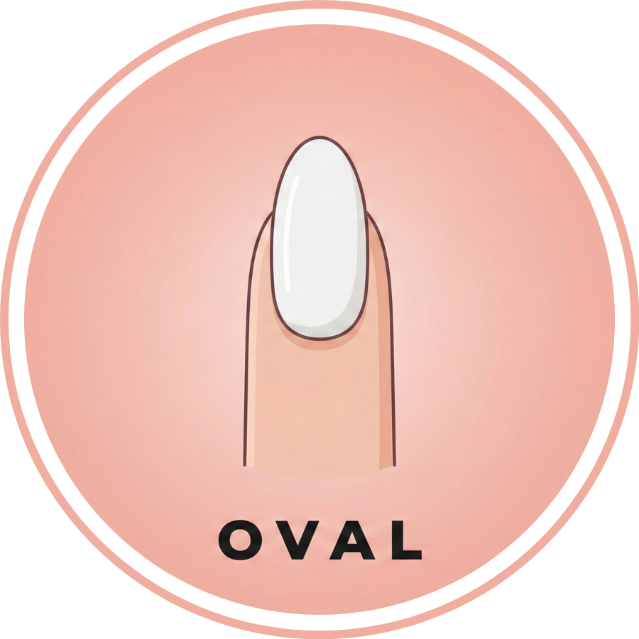 Illustrated oval nail shape with smooth curved tip on a single finger