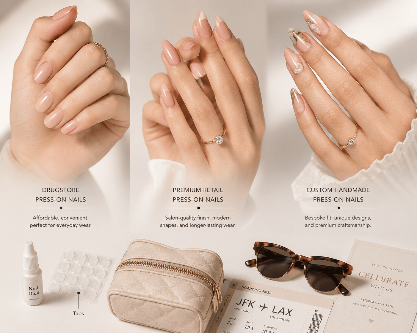 Comparison of different press-on nail types showing drugstore, premium, and custom press-ons with realistic wear expectations and adhesive options.