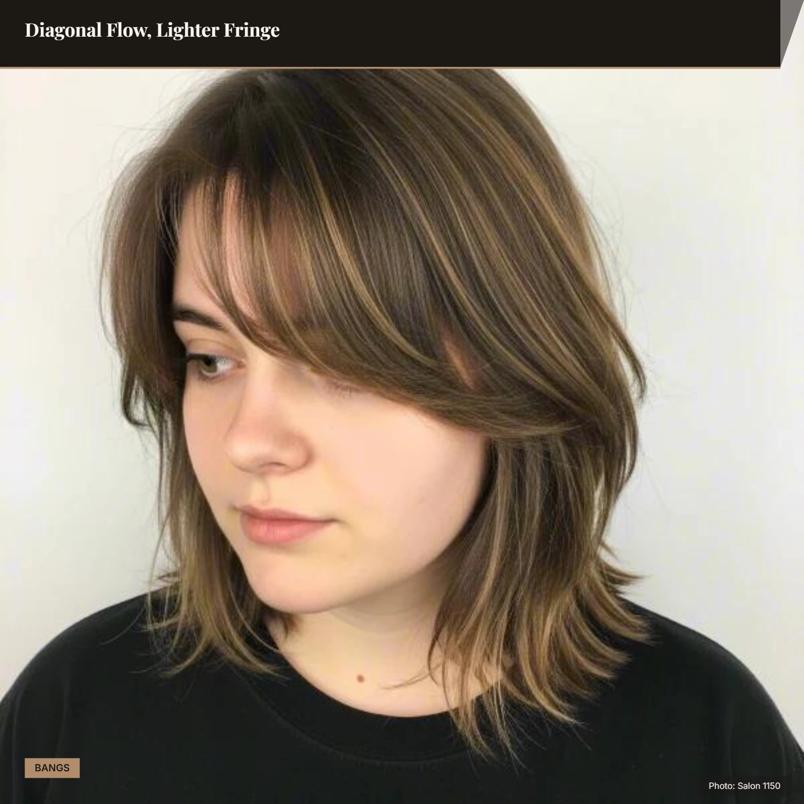 Side-swept curtain bangs on thin hair with diagonal flow across a round face