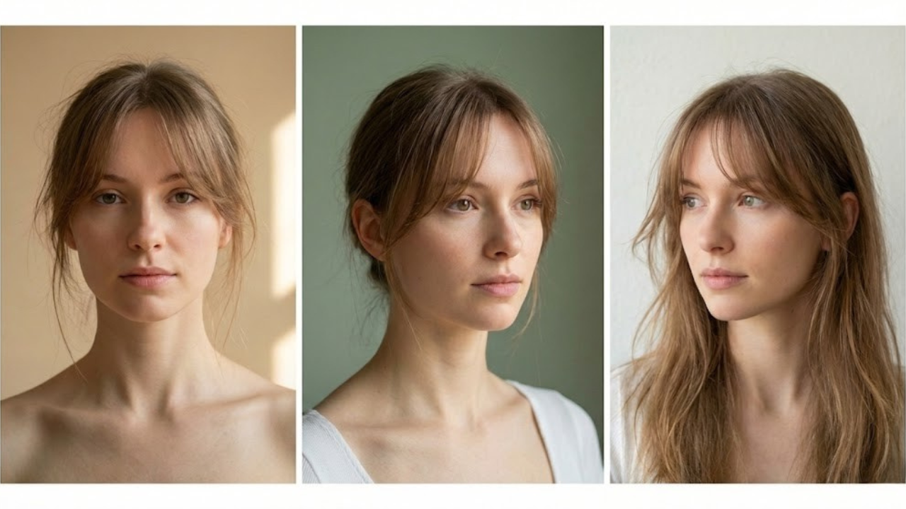 Soft curtain bangs on an oval face with thin hair shown in a three-panel collage, illustrating a balanced center split that frames the face without draining density.