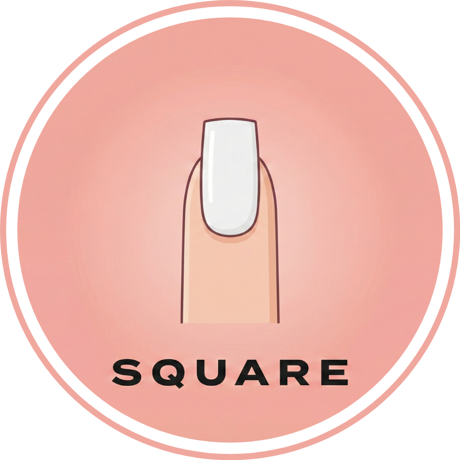 Illustrated square nail shape with flat tip and sharp corners on a single finger
