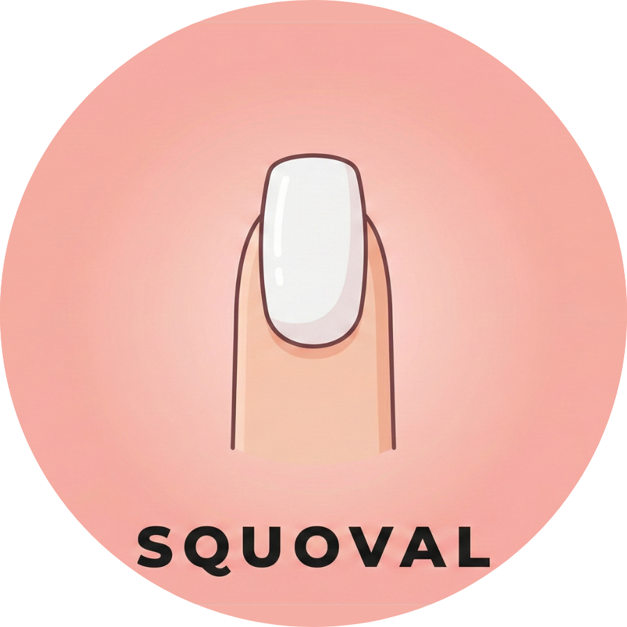 Illustrated squoval nail shape with square oval edges on a single finger