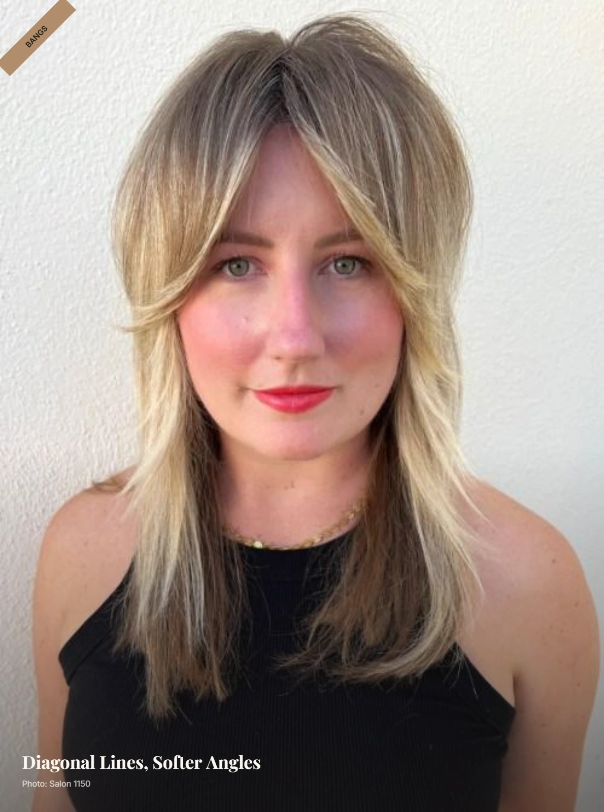 Tapered curtain bangs on thin hair with diagonal ends framing a square face