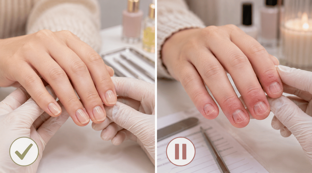 Side-by-side comparison showing healthy short natural nails suitable for acrylics and severely bitten nails with skin irritation that may require healing before nail enhancements.