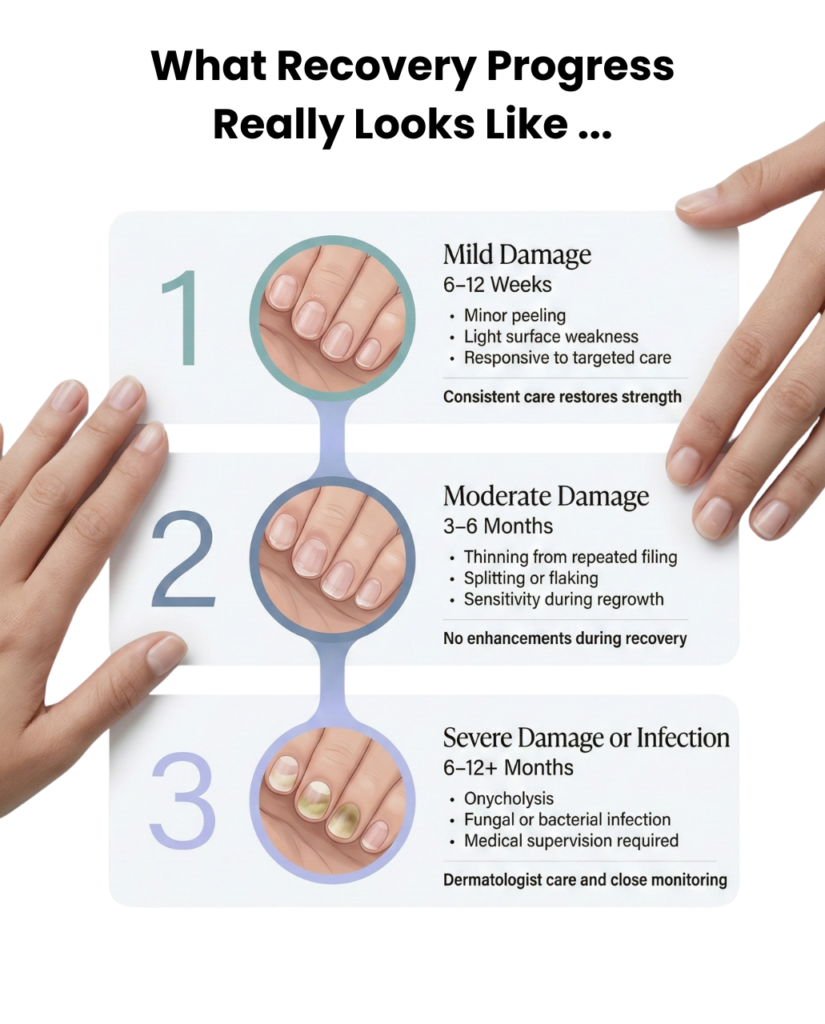Timeline infographic showing nail recovery after acrylic damage, from mild damage healing in 6–12 weeks to severe infection requiring 6–12 months of medical care