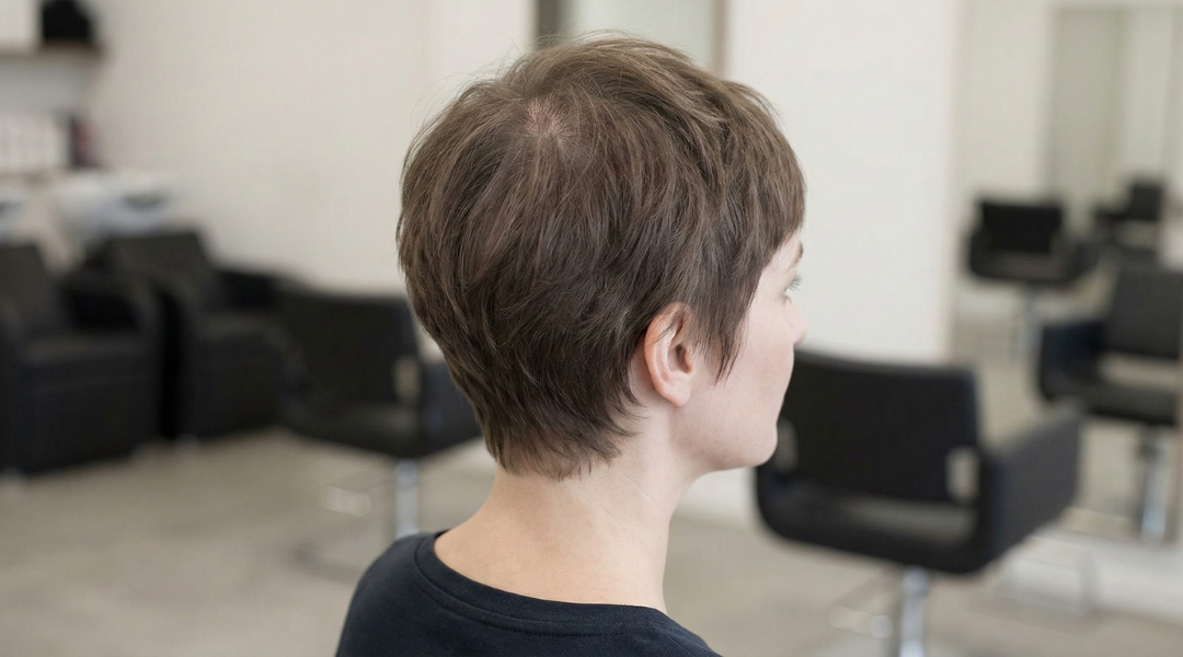 Short layered crop on thinning hair with subtle crown layering that redistributes volume and reduces visible density contrast