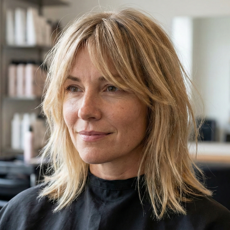 Side-swept textured fringe designed to work with a natural cowlick, showing how uneven lengths help bangs sit naturally