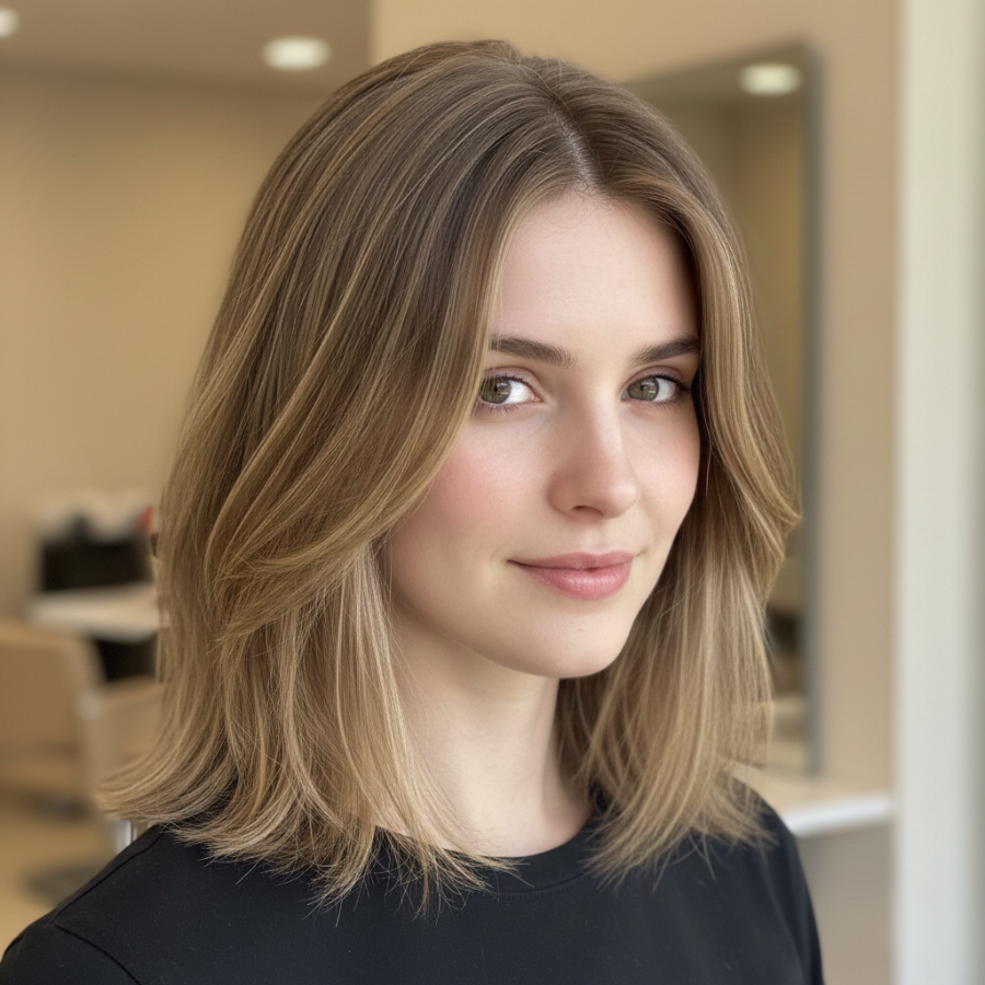 Soft layered lob haircut on fine hair showing light internal layering that prevents flatness and supports shape throughout the day