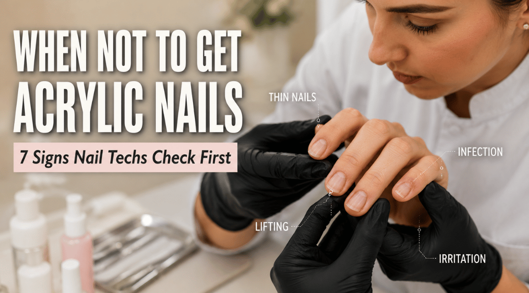 Professional nail technician examining a client's natural nails with warning signs highlighted, illustrating when acrylic nails may not be recommended.