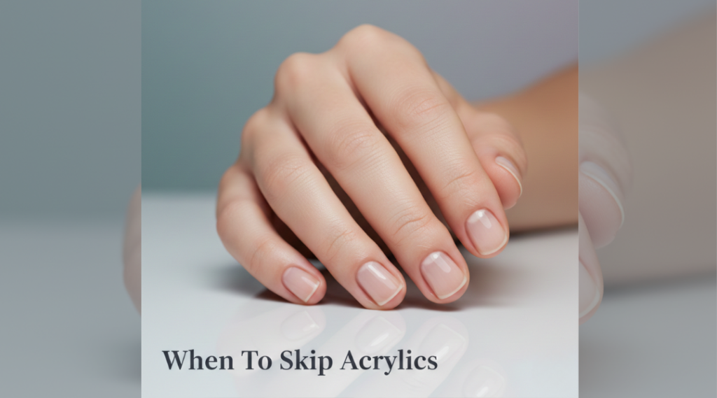 Featured image showing short, healthy natural nails with the text “When to Skip Acrylics,” illustrating a professional guide on when acrylic nails are not recommended