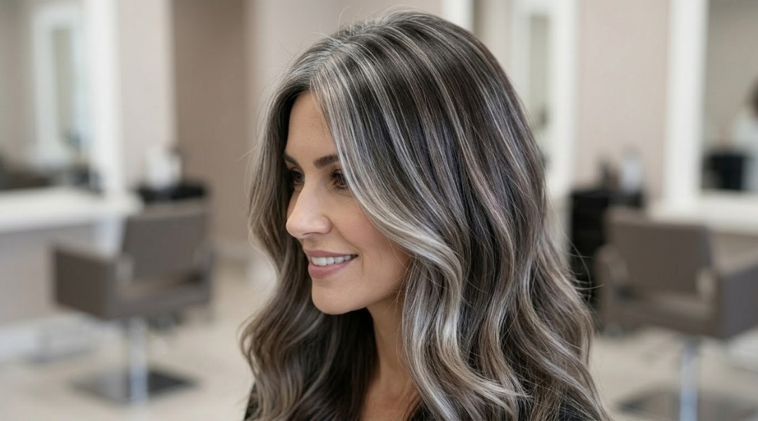 soft balayage and babylights blending gray hair into dark brunette hair with natural dimensional highlights around the hairline and crown