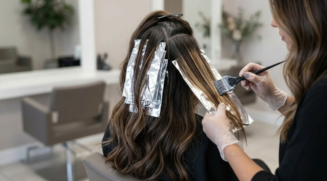 foilyage highlights applied with foil to dark brunette hair creating warm golden dimension while blending early gray strands