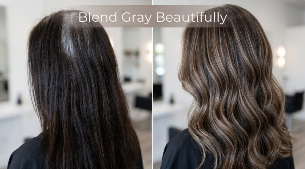 before and after gray blending transformation on brunette hair showing dimensional highlights that soften visible gray roots