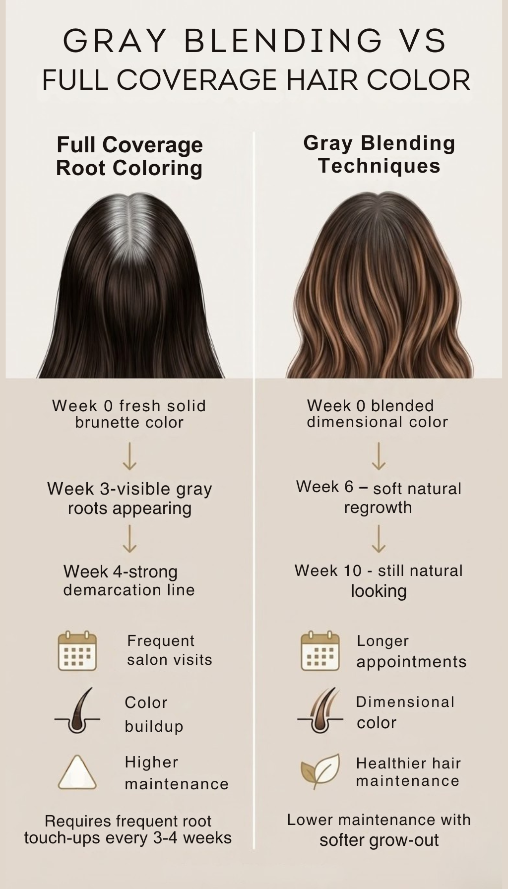 infographic comparing gray blending vs full coverage hair color showing regrowth timeline maintenance frequency and hair health impact for brunette hair