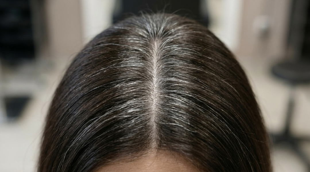 Close-up of dark brunette hair showing bright silver gray strands at the root and part line, demonstrating how gray hair appears more visible against darker hair colors