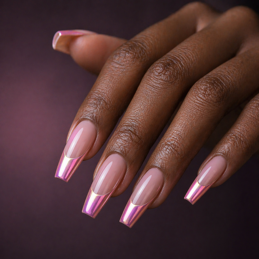 Long coffin nails with aurora pink chrome French tips showing an iridescent shift between pink, purple, and subtle gold tones