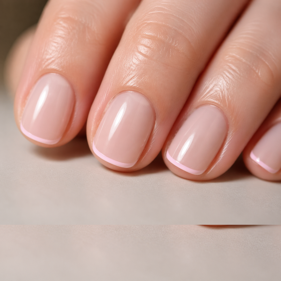 Short natural nails with thin baby pink French tips on a sheer nude base creating a clean and minimal manicure look